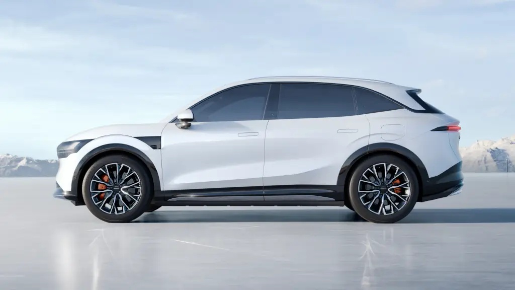 A sleek white SUV showcased from the side, featuring modern design elements and sporty wheels, set against a minimalist background.