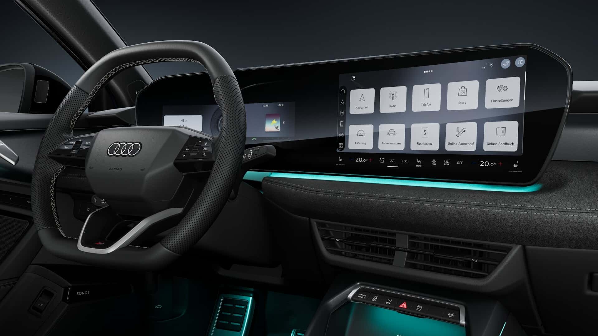 Interior view of a modern Audi car featuring a sleek steering wheel and a large digital display with various control icons.