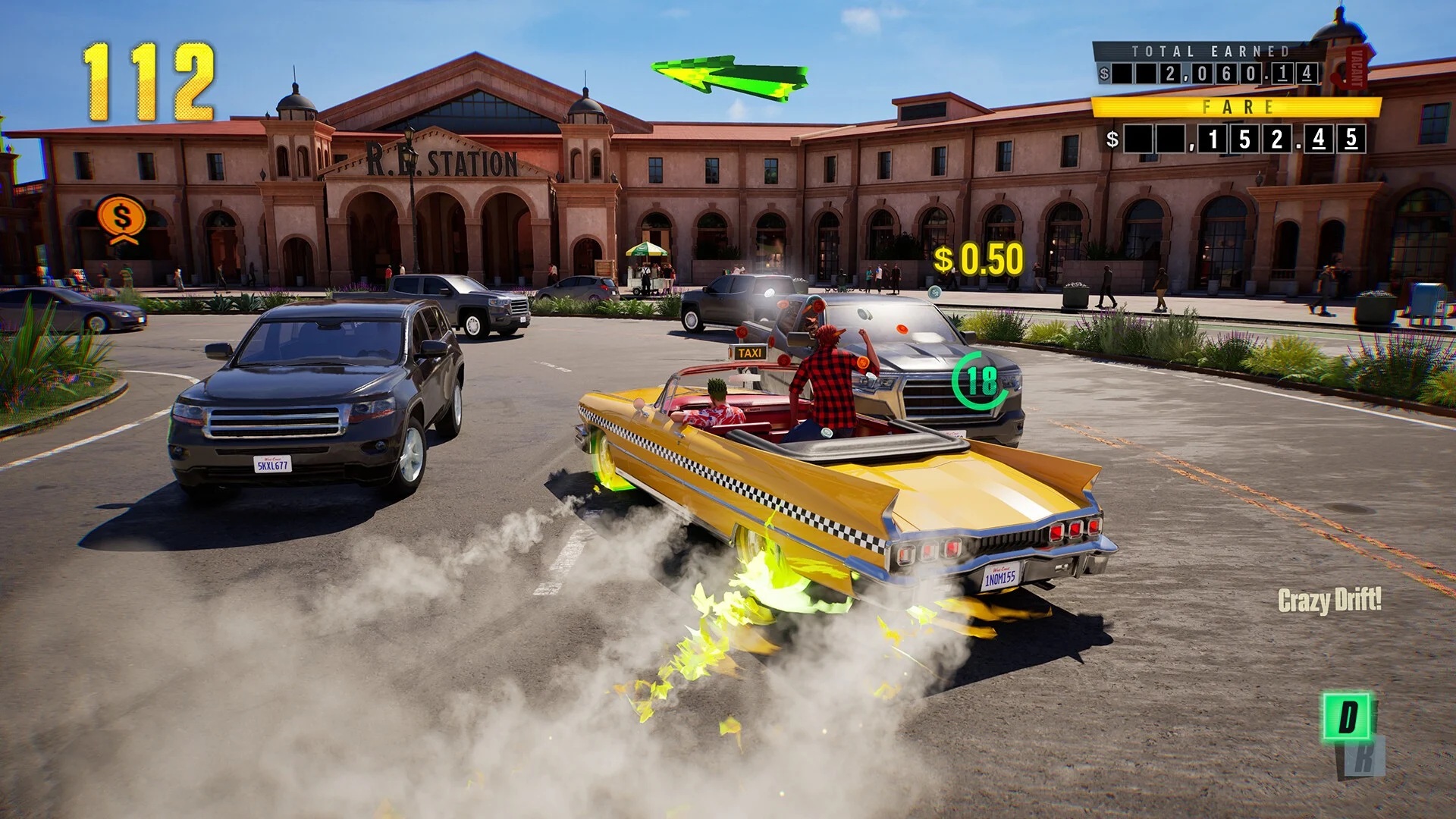 A vibrant scene featuring a yellow taxi cab drifting in a parking lot near a train station, with other vehicles and pedestrians nearby. The screen displays various game statistics, including total earnings and fare.