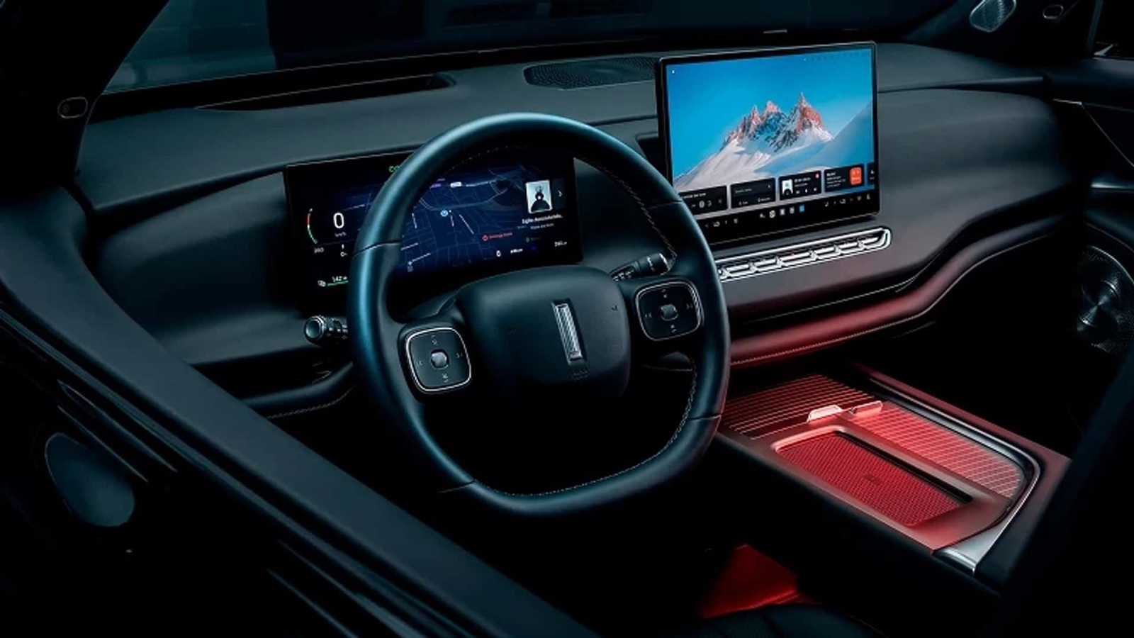 Interior view of a modern car showcasing a stylish steering wheel and two high-tech digital displays, one with a map and the other featuring a scenic background, illuminated with ambient lighting.