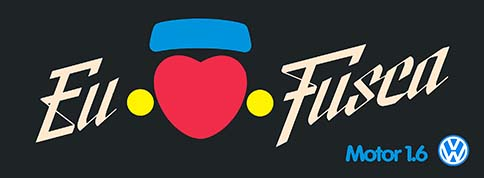 Graphic featuring the text 'Eu ❤️ Fusca' with a Volkswagen logo and 'Motor 1.6' at the bottom, on a dark background.