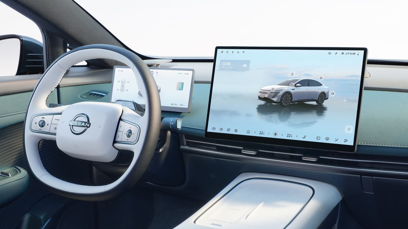 Interior moderno de um carro Nissan, destacando o volante, telas digitais e painel sofisticado.