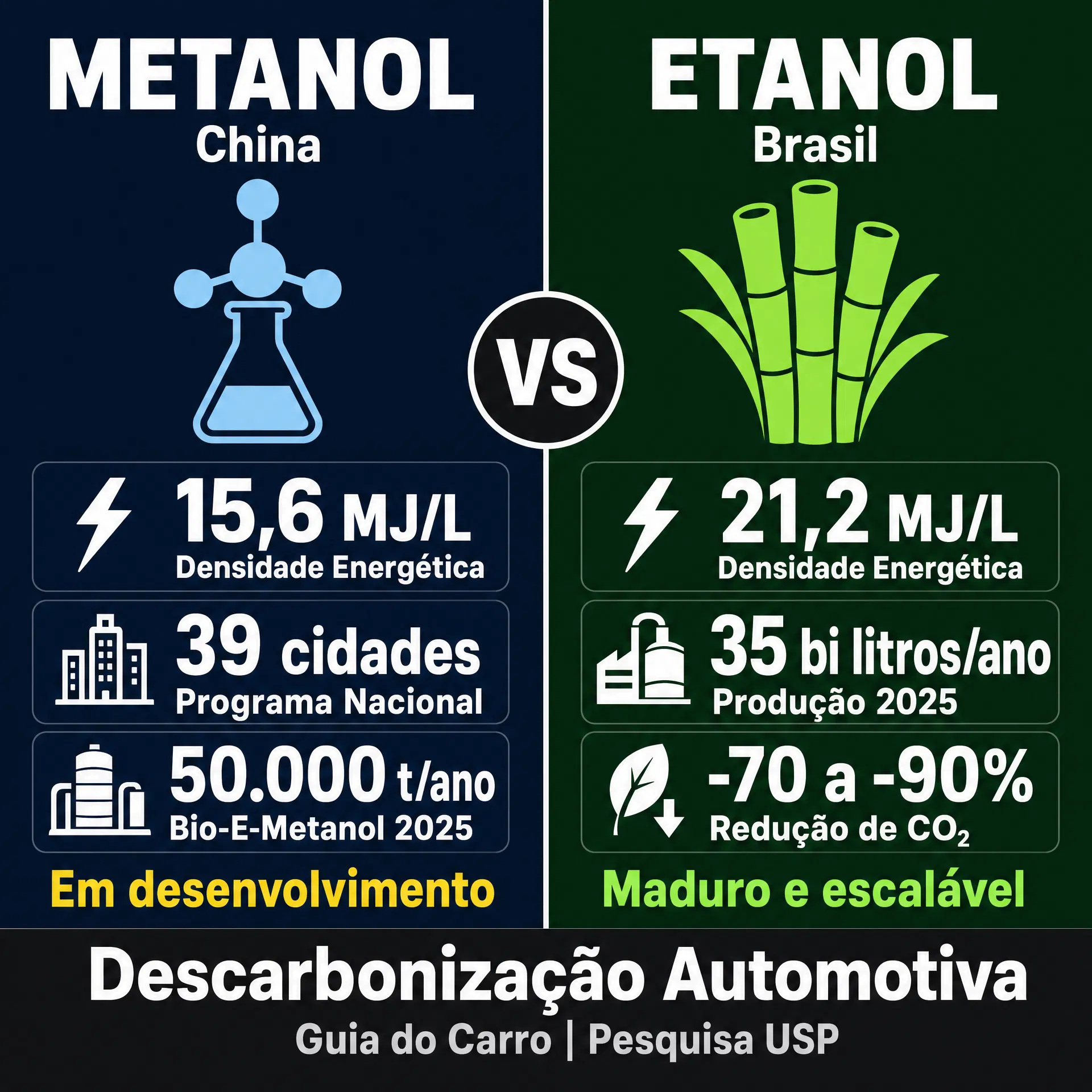 Comparação entre Metanol da China e Etanol do Brasil, destacando a densidade energética, produção e desenvolvimento. O metanol possui 15,6 MJ/L, 39 cidades no programa nacional e meta de 50.000 t/ano. O etanol apresenta 21,2 MJ/L, 35 bilhões de litros/ano e redução de CO2 de 70 a 90%.